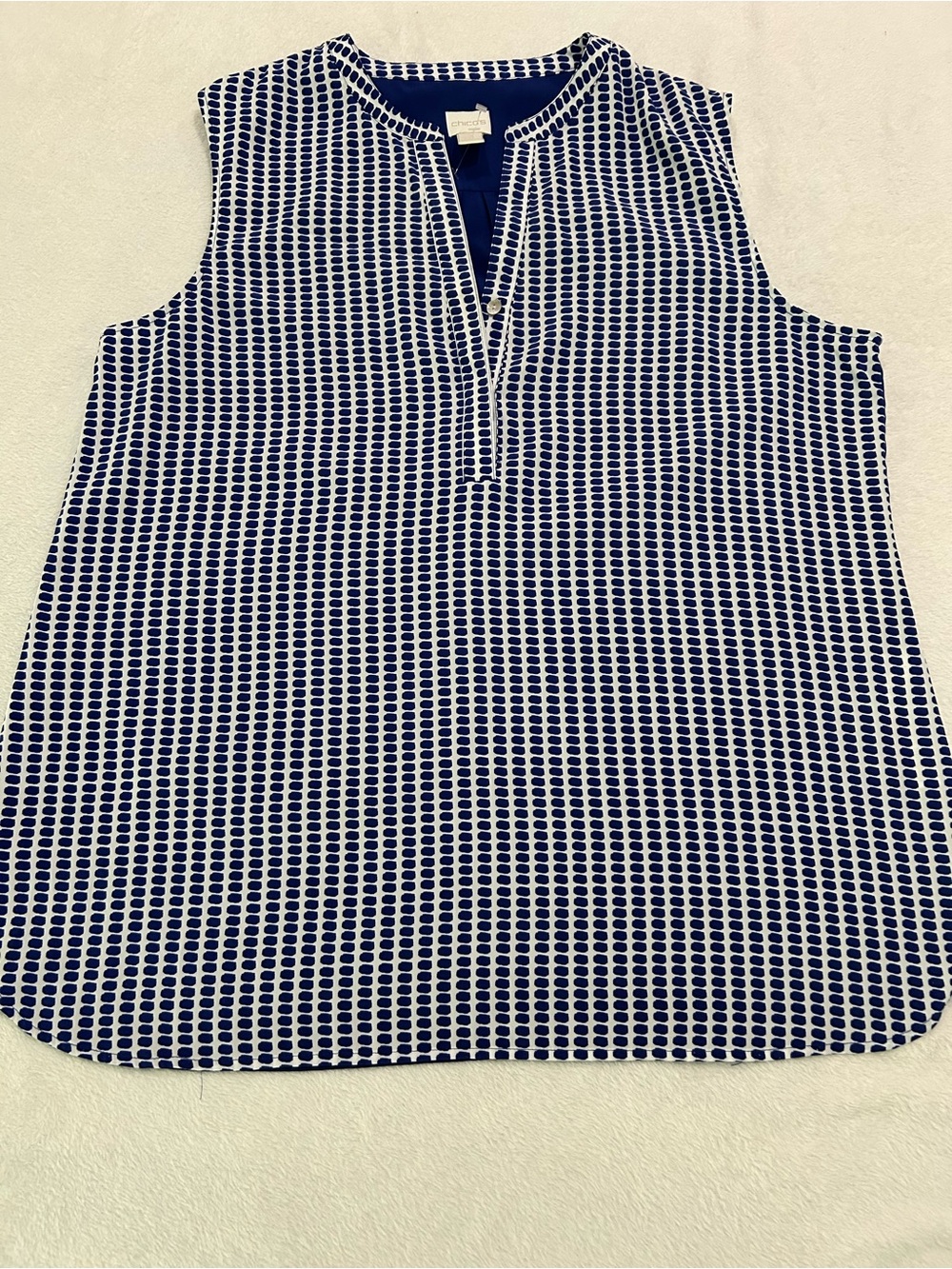 Chico’s Women’s Sz 3 (Lg) Royal Blue White Sleeveless 2 Button Split-Neck Blouse